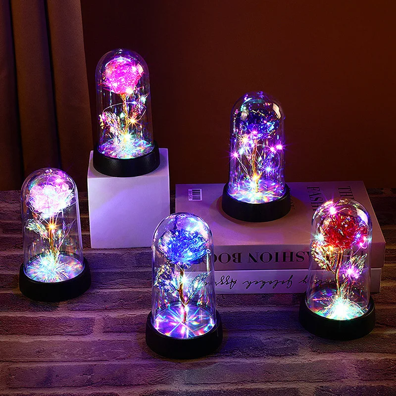 Eternal Rose Flower Glow Rose in The Glass Artificial Flower Desk Accessorie LED with Box Lover Gift Mother's Day Gift Artificial Flower Toys