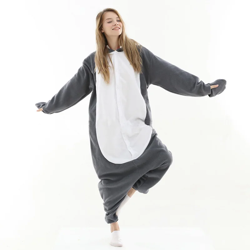 New Lovers Long-sleeved Cartoon One-piece Pajamas Gray Shark Polar fleece Festival Cosplay Costume Hooded Loungewear