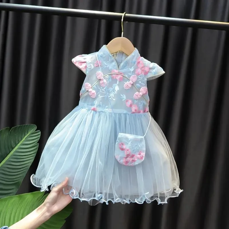 Baby girl\'s dress Children\'s cheongsam Princess dress Little girl\'s summer dress Pengpeng gauze short sleeved dress Hanfu