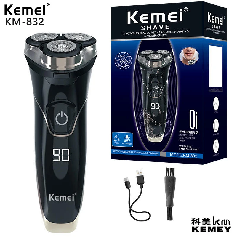 Kemei KM-832 Lcd Digital Display Rechargeable Rotating 3 Heads Washable Men's Electric Facial Shaver Beard Trimmer Barbershop 1 set sketch sponge wiper toolsmudge erase wipe sketching kids drawing eraser correction washable heads trimmer rubbag blender