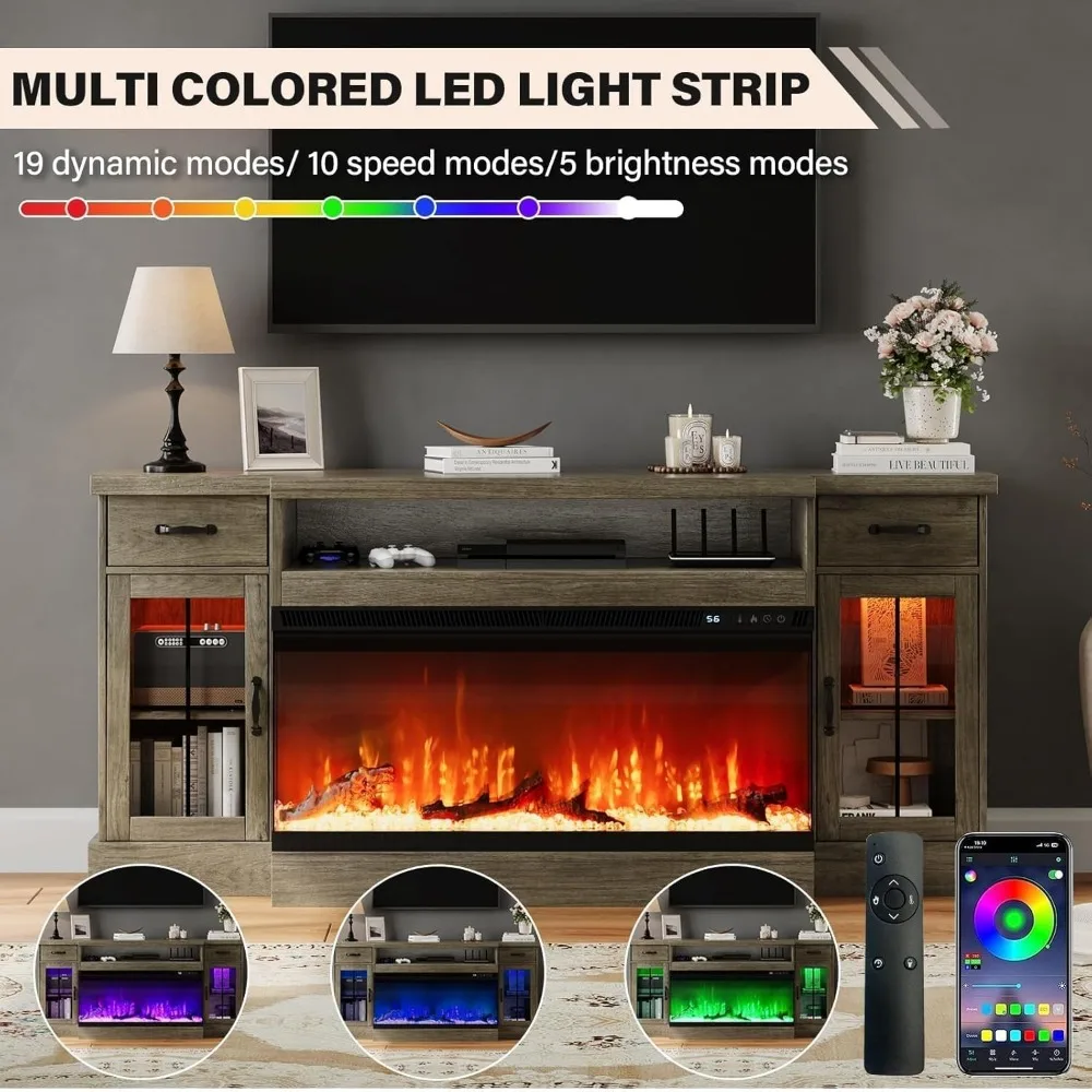 TV Stand for 80", Fireplace Entertainment Center with 40" Electric Fireplace with Drawers, TVs Stands 4