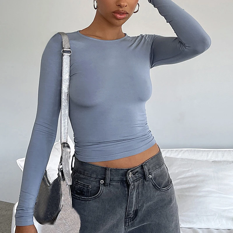 

Spring Autumn Women Long Sleeve T-Shirts Solid Slim Fit Pullovers Causal Basic Crop Top Korean Fashion High Street Wear