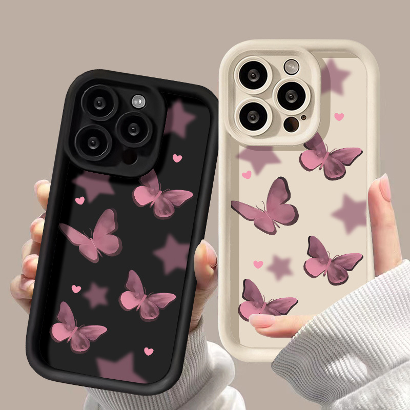 Pink Butterfly Case For iPhone 16 Fundas iPhone 15 Pro Max 11 12 13 14 X XR XS Max 7 8 Plus SE Liquid Silicone Shockproof Cover