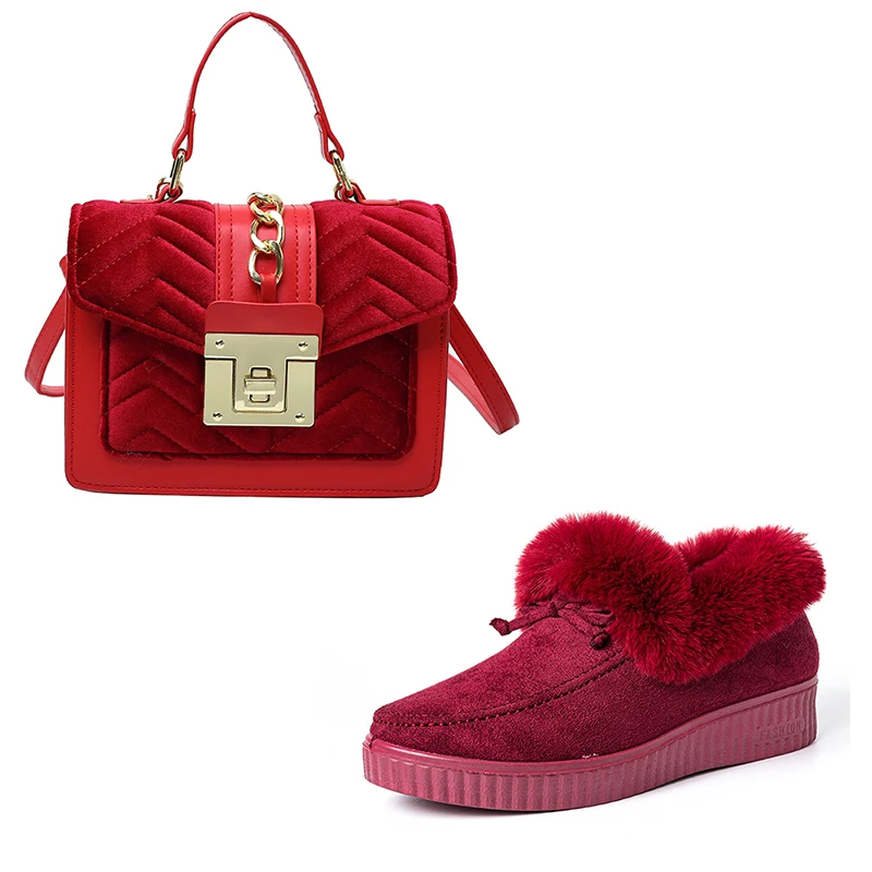 

Velvet Purses and Shoes Set Fall Winter Warm Fur Crossbody Purse And Handbags Women Plush Snow Boots And Shoulder Bag