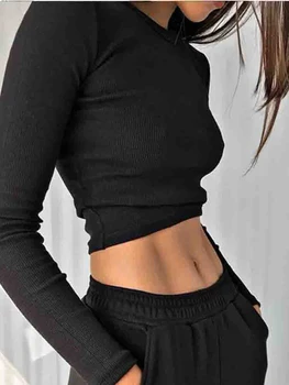 O Neck Long Sleeve Shirt Women Ribbed Sexy Cropped Tops 2024 Spring Black Casual Skinny Slim Basic Woman T Shirts White 1