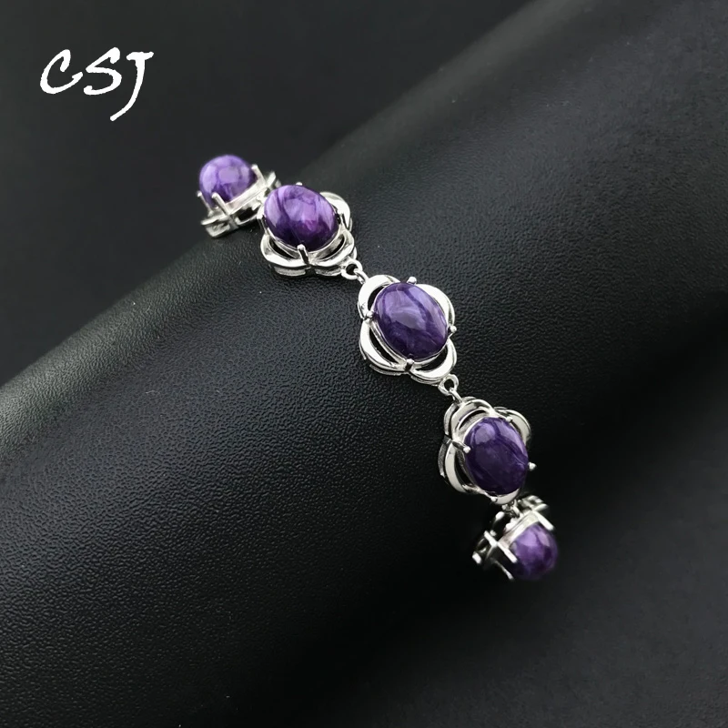 

CSJ Trencdy Natural Charoite Bracelet Sterling 925 Silver Seraphinite Bangle Gemstone6*8mm for Women Birthday Party Jewelry Gift