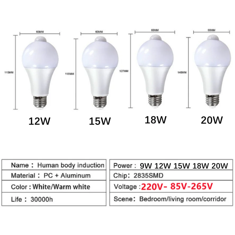 E27 20W AC220V LED Motion Sensor Bulb PIR Sensor Light Auto ON/OFF Night Light Home Parking Lighting AC85V-265V