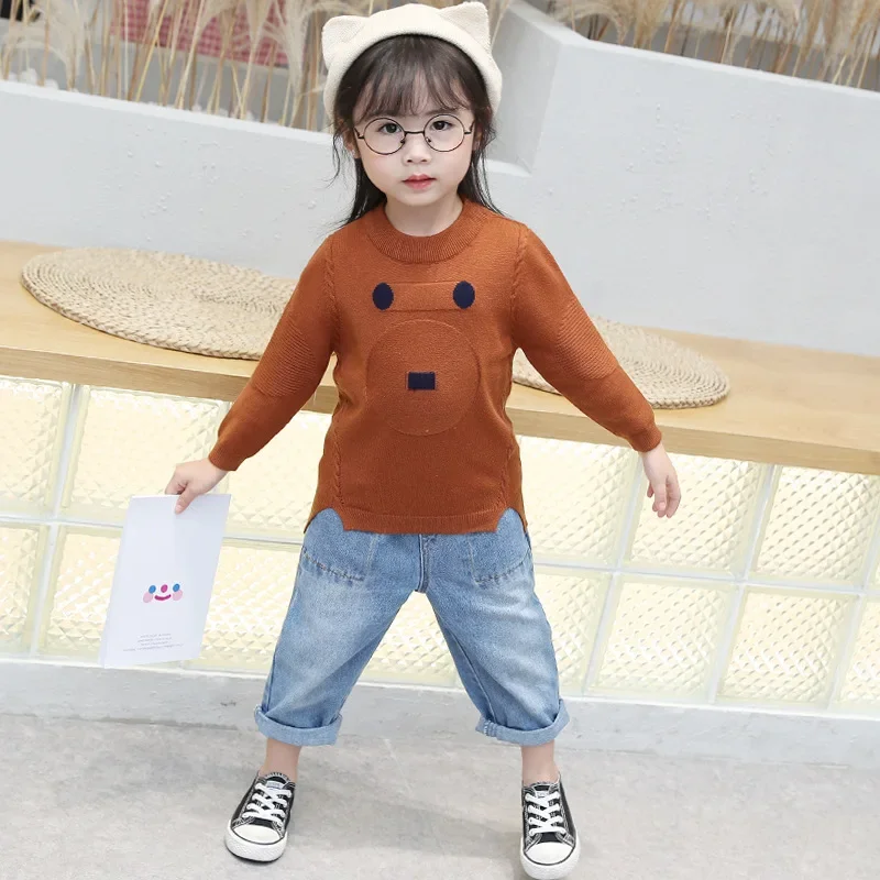 한국 아동용 스웨터 세트, 미디엄에서 스몰 사이즈 베이스레이어 탑, 라운드넥 데님 코트, 2024 새로운 스타일