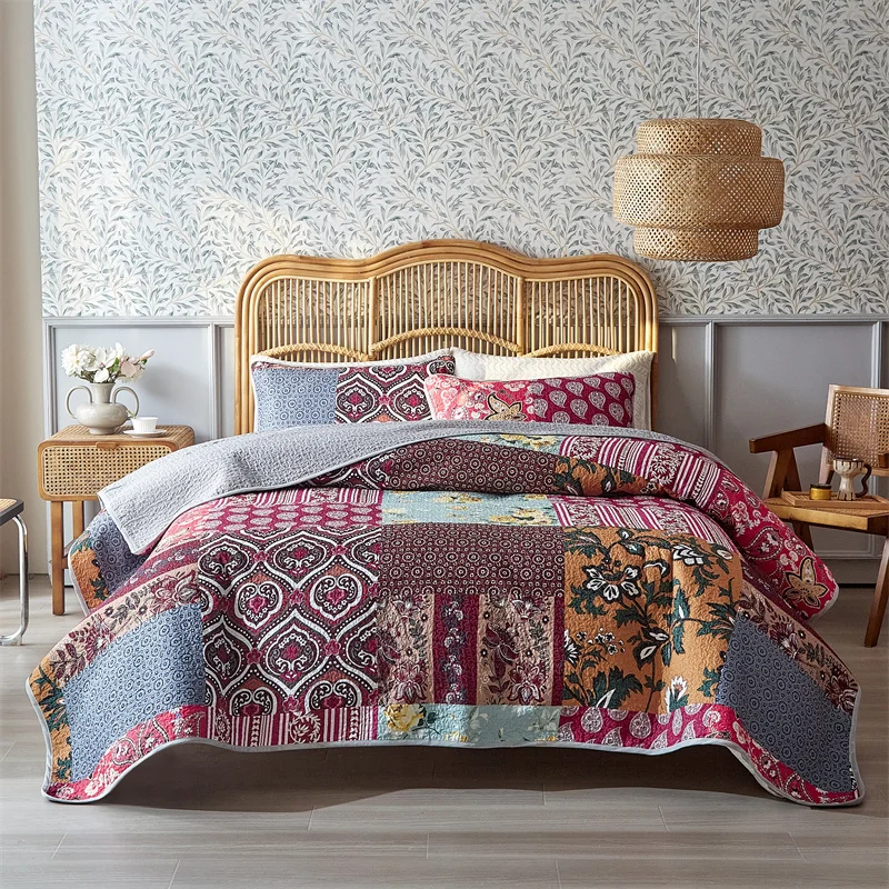 3pcs/set Bedspread Set,American Style Bed Cover+Pillowcase,Pastorl Home Patchwork,Mattress Topper Sheet Blanket Twin King Full