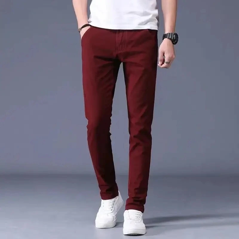 Spring Summer Mens Casual Straight Pants 98% Cotton Solid Color Stretch Slim Fit Work Pants All-match Fashion Mens Trousers