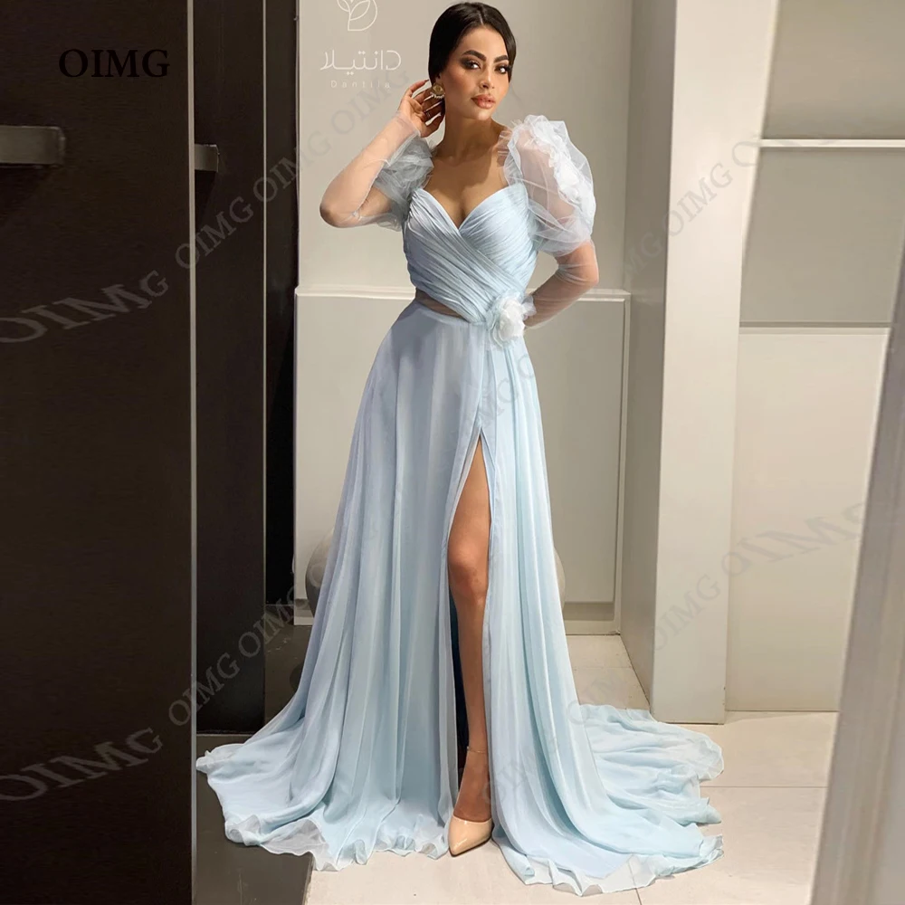 

2024 Sky Blue Arabic Aso Ebi Evening Dresses Long Chiffon Women Formal Prom Gowns Elegant Dubai Side Slit Wedding Guest Robe