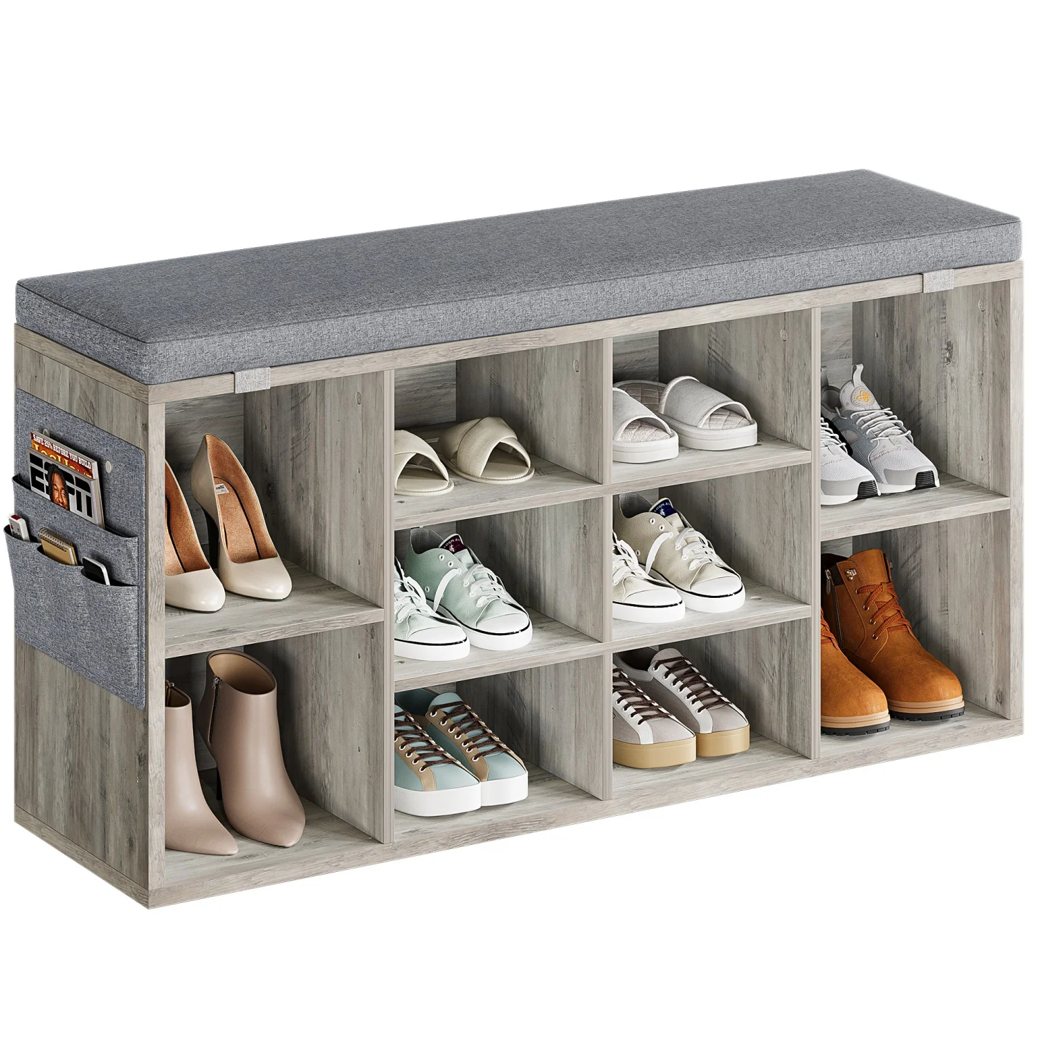 Schuhbank mit Kissen, Schuhaufbewahrungsbank mit 10 Fächern und verstellbaren Regalen, Eingangsbank für Schlafzimmer und Wohnzimmer – Detail 13