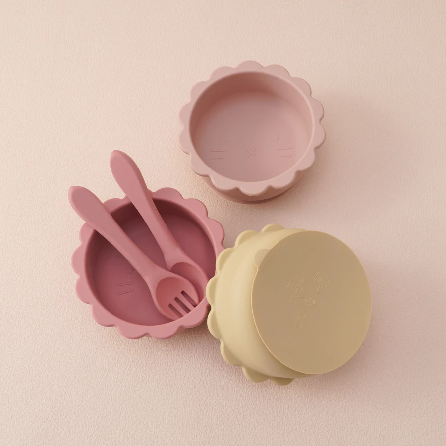 3PCS Silicone Tableware Sets For Baby Suction Cartoon Lion Shape Bowl Soft Spoon Fork BPA Free Feeding Training