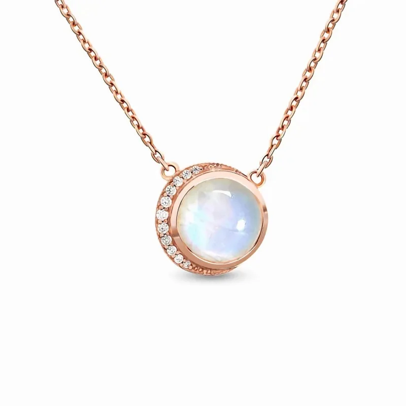 

2023 European and American Hot Selling S925 Pure Silver Round Moonstone Pendant Rose Gold Necklace Design Women's Jewelry