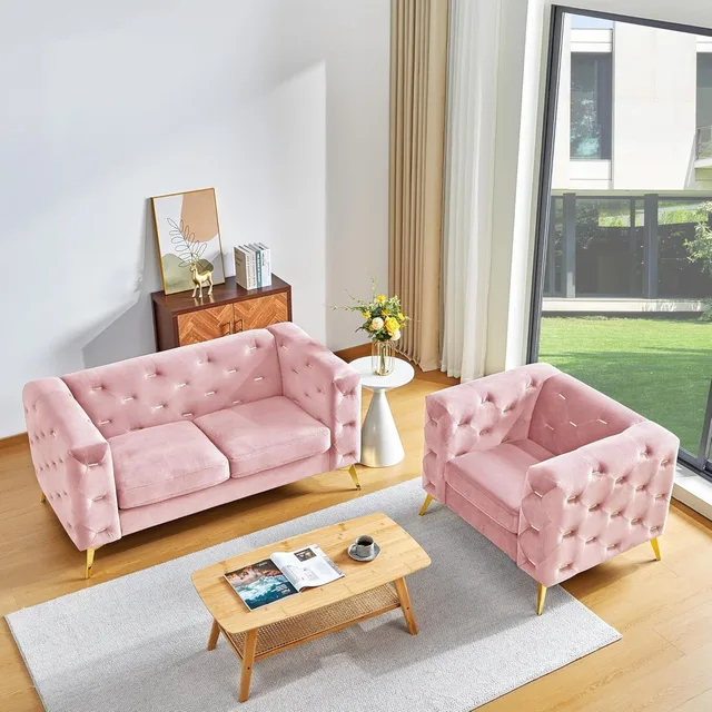 Velvet Chesterfield Loveseat with Metal Legs 6
