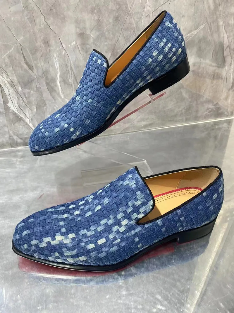 

Новые мужские синие парусиновые туфли Qianruiti, тканые рандомные туфли, роскошные повседневные мужские туфли без шнуровки, летняя повседневная обувь
