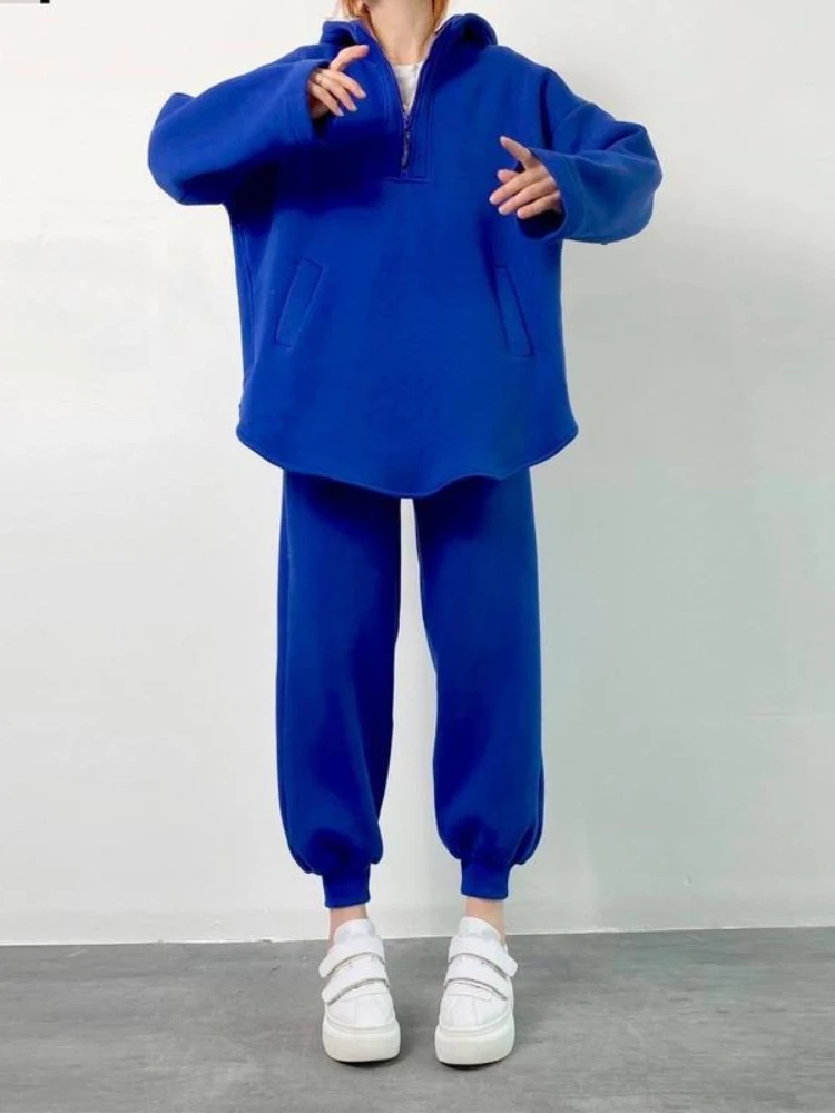 

Женский брючный костюм из двух предметов, элегантный однотонный костюм с капюшоном и длинными рукавами, повседневный брючный костюм на молнии с карманами, новинка