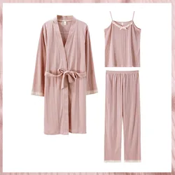 Spring Autumn Women's Pajamas Three Piece Set of Cotton Japanese Korean Version Suspender Vest Nightgown Home Clothes Thin 5XL