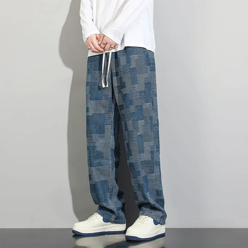 Hong Kong Wind High Street Loose Straight Cylinder Mid-waist Casual Denim Pants Splicing Teenage Autumn Style