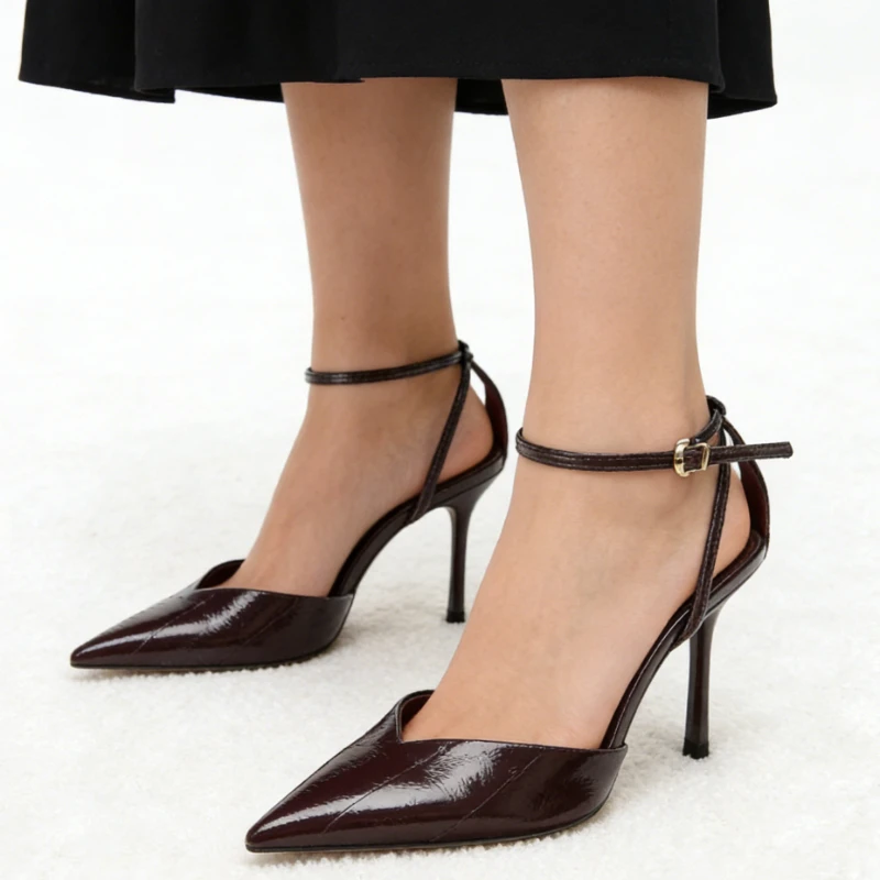 Designer Burgundy Red Ankle Strap Pumps - Buckle Detail