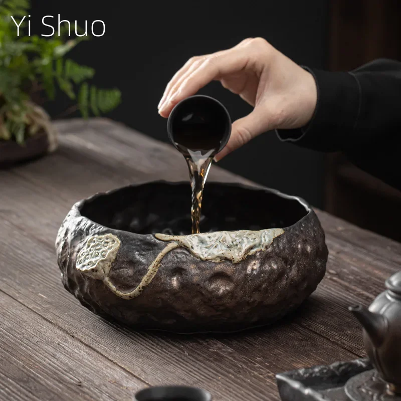 Japanese Gilding Iron Glaze Lotus Seedpod Tea Washing Basin Ceremony Dust Cylinder Barrel Washing Cup