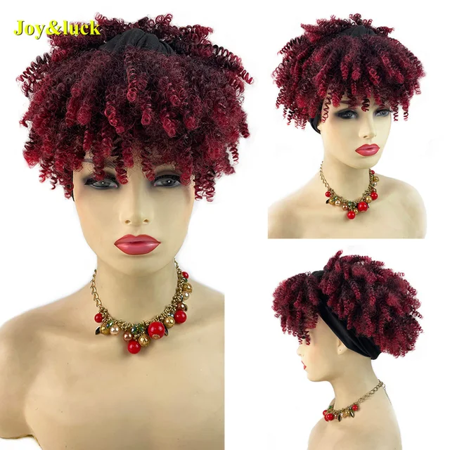 Headband Synthetic Wig Short Afro Kinky Curly Hair Wigs For Black Women Fluffy Curls Hairband African Turban Wrap Hair 299DZred
