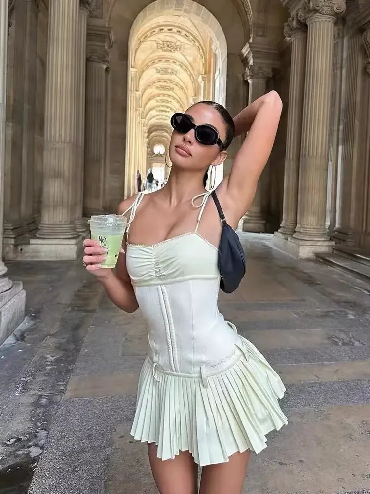 

Женское Плиссированное Платье на шнуровке, элегантное однотонное платье-мини без рукавов с открытыми плечами, лето 2024