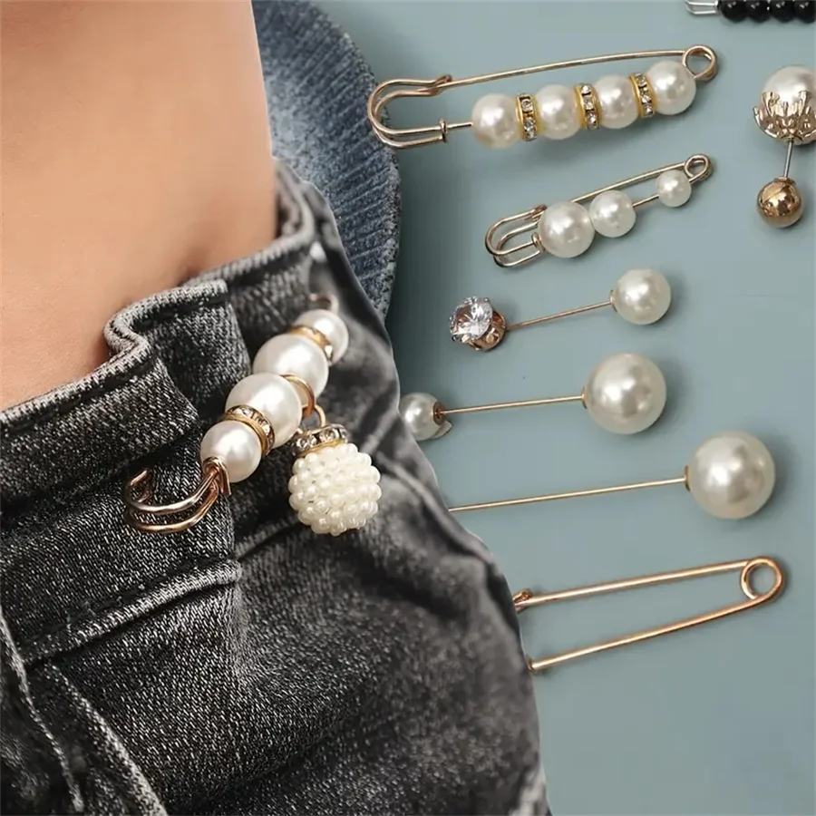 8 Pcs Rhinestone & Faux Pearl Decor Brooch Pin Cute Metal Waist Tightener Elegant Buckle Clothing Accessory