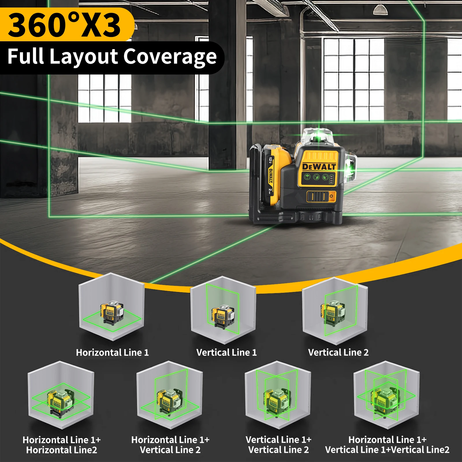 Dewalt DW089LG 12 Lines 3 Sides*360 Degree Vertical 12V Lithium Horizontal Battery Laser Level laser level