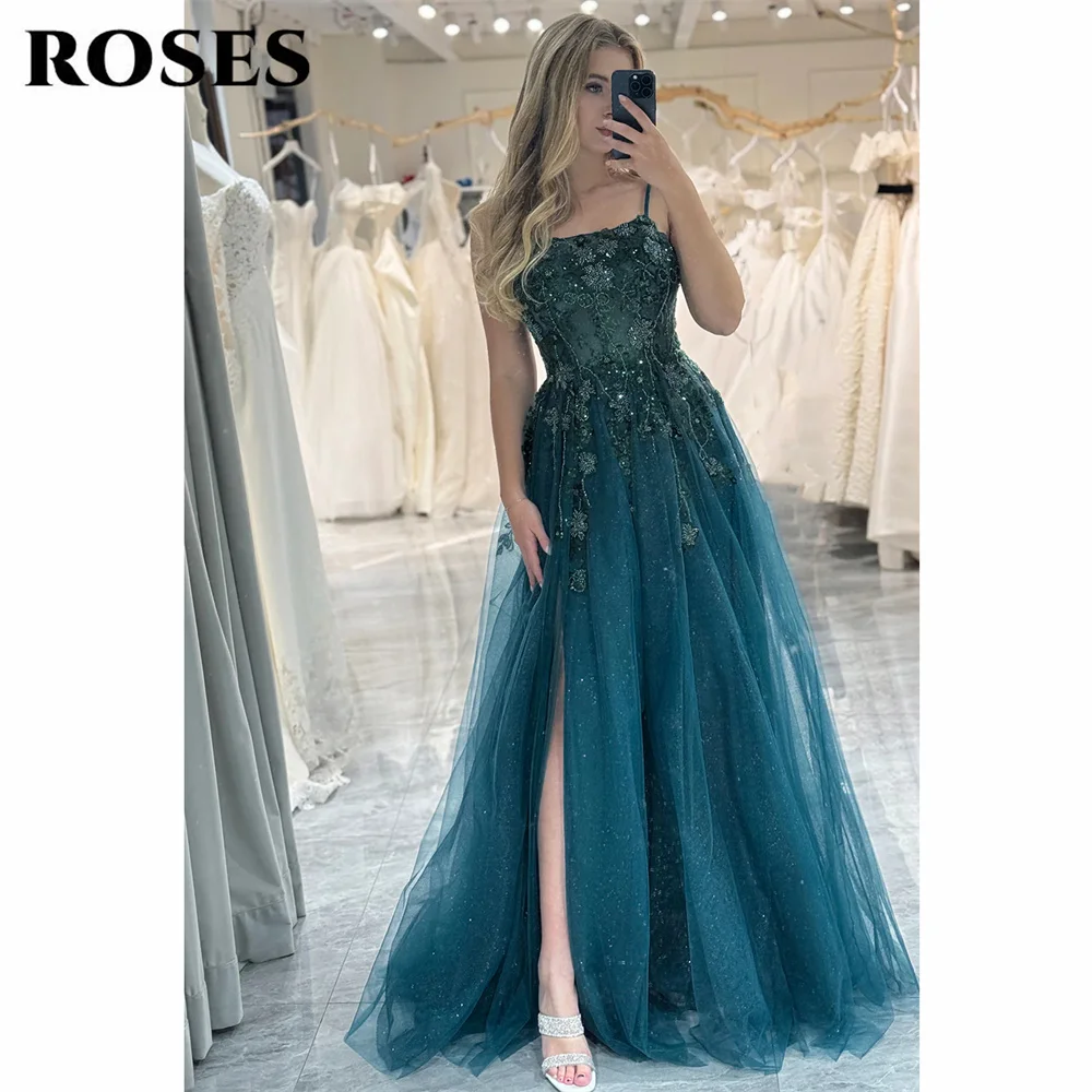 ROSES Glitter abito da sera verde scuro a-line Tulle yochs intellection bocchettouncette squart equipes Spaghetti Straps Appliqued Lace Prom Dress Side Split Party Dress