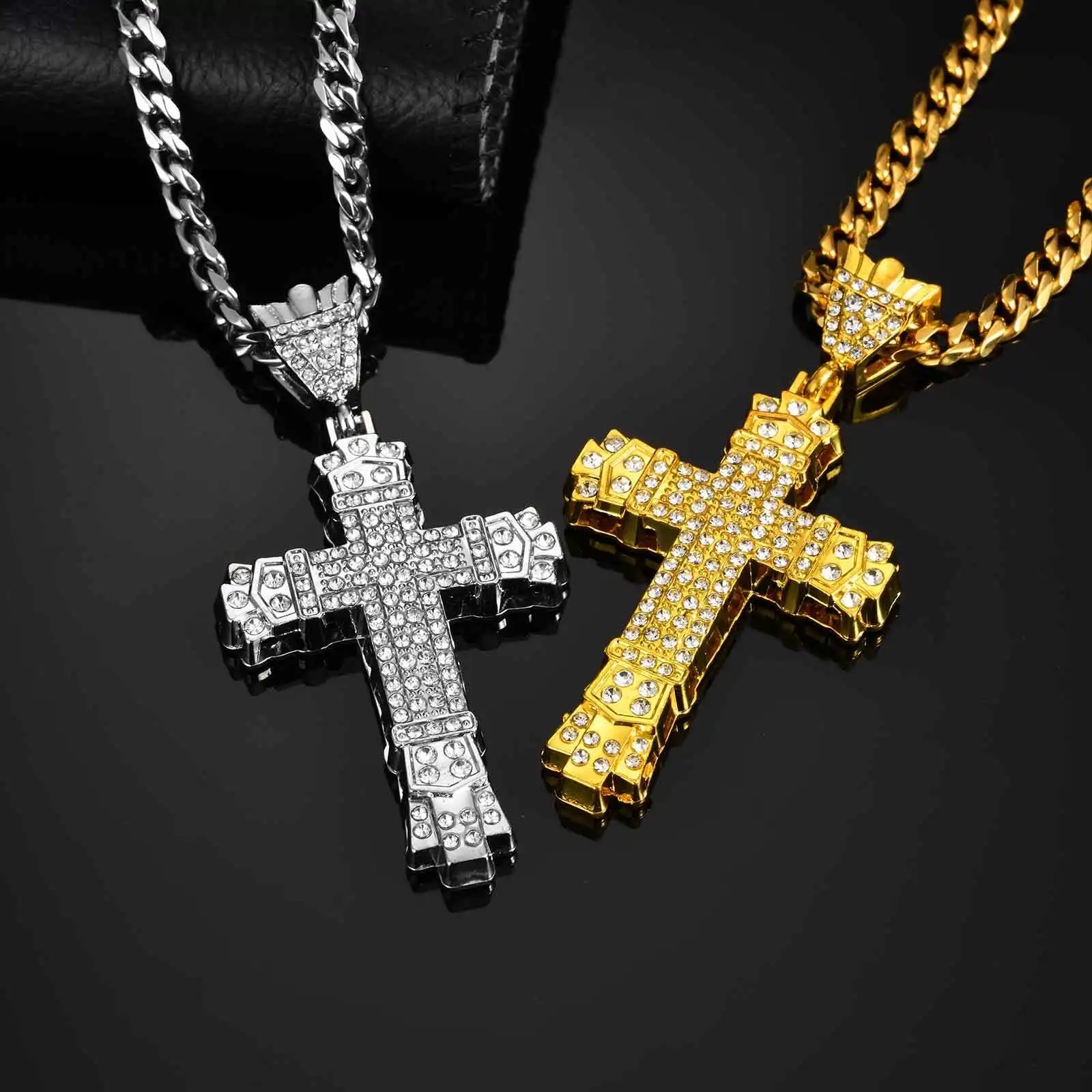 Hiphop Rhinestone Cross Necklace for Men Boys,Punk Rap Street Cool Cross Metal Pendant with Stainless Steel Cuban Chain Gift