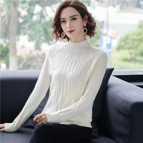 

Woman Sweaters Autumn Winter Ribbed Knitted Sweater Women Pullover Mock Neck Long Sleeve Solid Casual Knitwear Tops Clothes D14