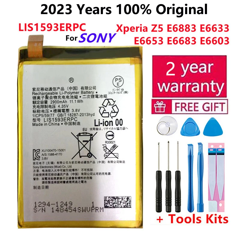 

100% Original LIS1593ERPC For SONY Xperia Z5 E6883 E6633 E6653 E6683 E6603 Phone High Quality Battery 2900mAh Batteries +Tools