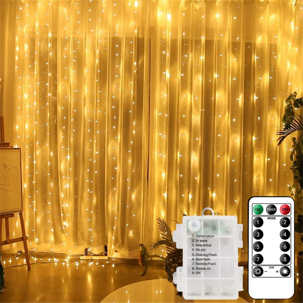 3M LED Curtain String Light Battery Fairy Lights 8 Modes Remote Control Xmas Holiday Decoration For Home Window Wedding Party