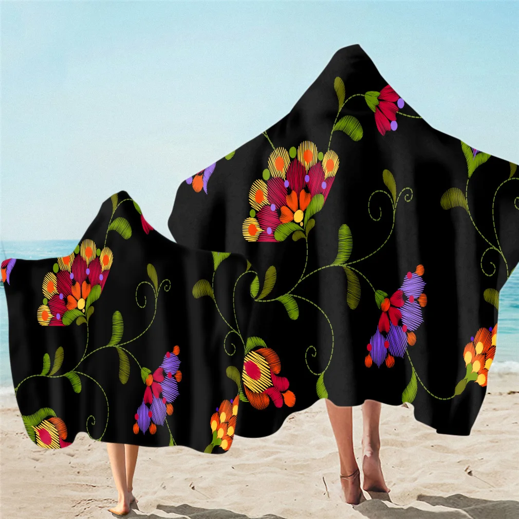 

Flower pattern microfiber bath towel for adults and children wearable beach towel with hood