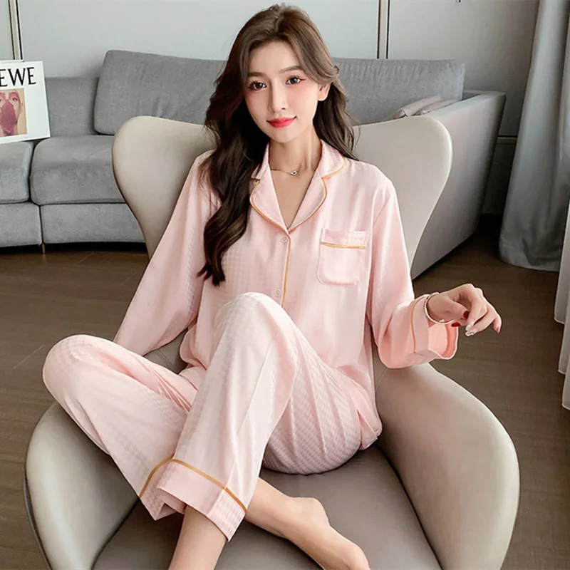 Women's Pajamas Sets Faux Silk Satin Pyjamas Female Leopard Pijamas Long Sleeve Shirt Pants Suit Sleepwear Homewear Loungewear