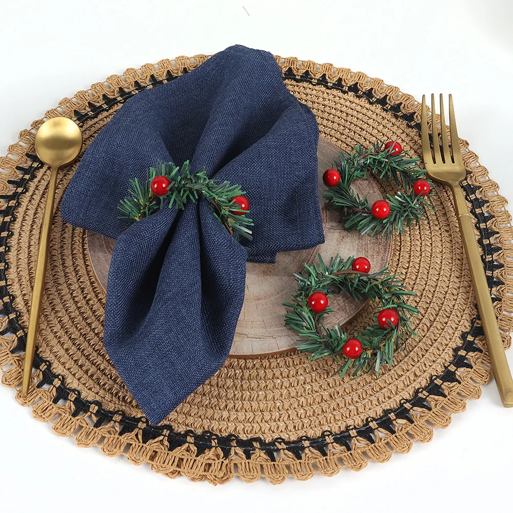 Merry Christmas Red Berry Pine Needle Wreath Design Napkin Ring Christmas Table Decorations For 2025 Xmas Navidad Party Supplies
