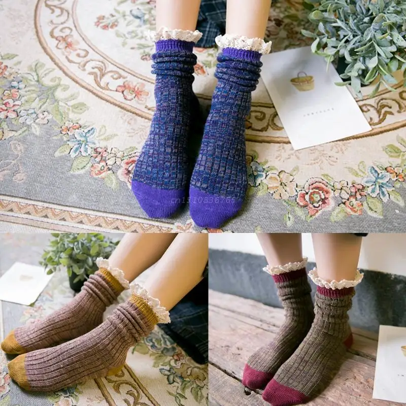 

Женские носки в японском стиле ретро, осенне-зимние теплые носки средней длины, модные милые толстые носки для девочек с ворсом, повседневные кружевные носки