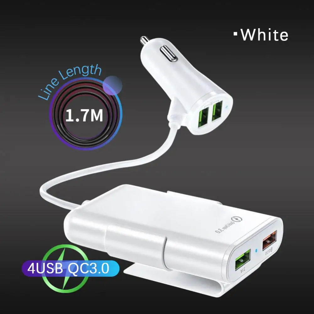 차량용 충전기, 4 포트 USB 허브 확장, 1.7m, 5.6ft 익스텐션 케이블, 승객 앞 뒤 고속 충전