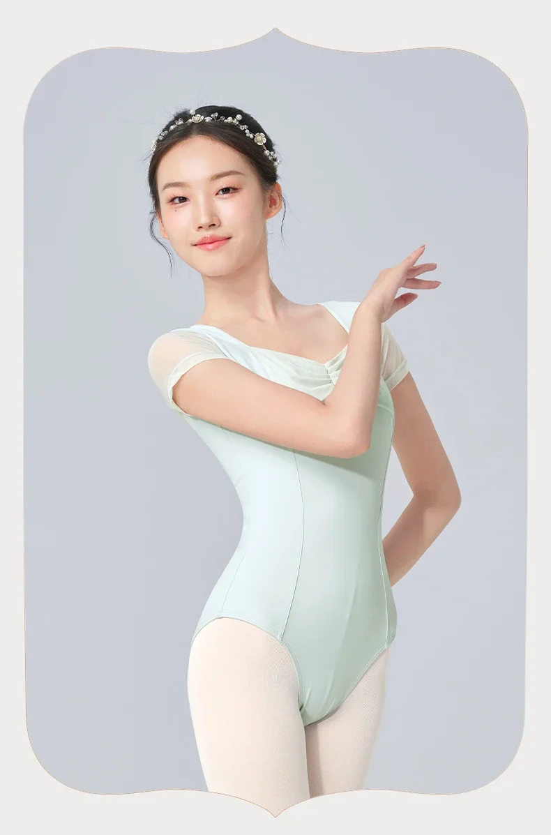 Frauen Ballett Trikots Plissee V-ausschnitt Gymnastik Mesh Splice Ballerina Tanz Yoga Pilates Tanzen Bodys Bademode Trikots – Detail 9