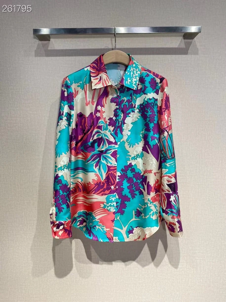 

Women Slim Blouses Tops 2022 Spring Runway Print Silk Shirt Ladies Elegant Vintage Single Breasted Shirts