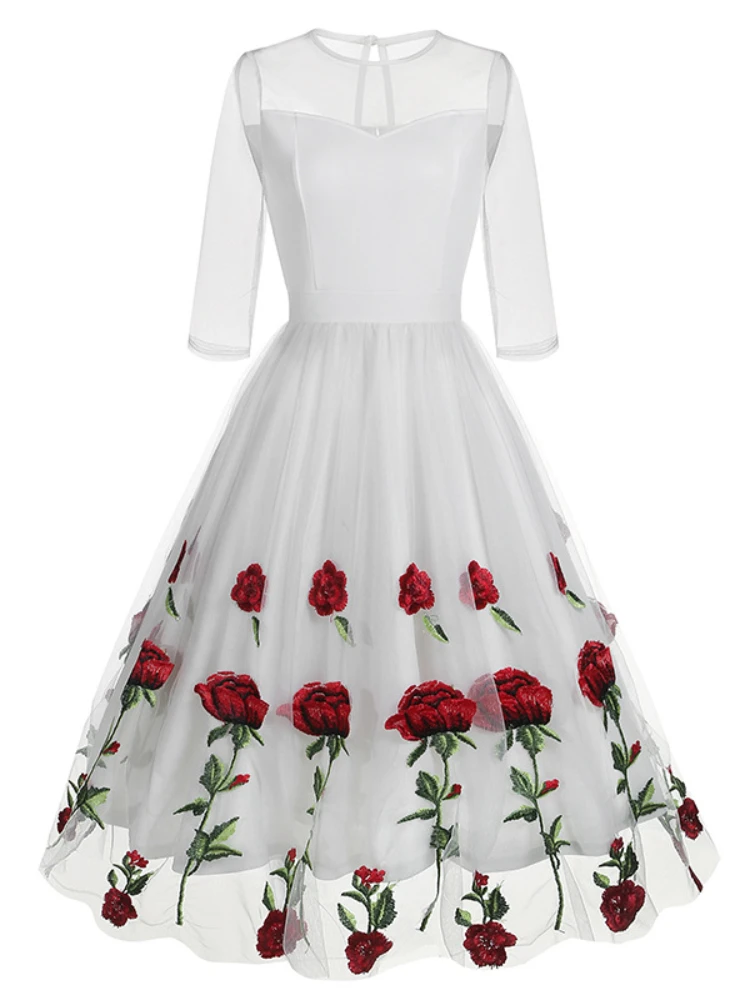 

Женское винтажное плиссированное платье ретро, элегантное Сетчатое платье с коротким рукавом, круглым вырезом и цветочной вышивкой в стиле Хепберн, Новинка лета 2024