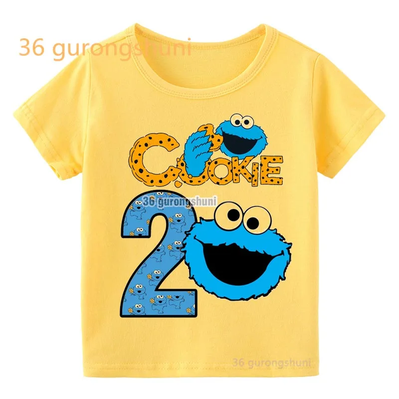 Koszulki dla dzieci Elmo Cookie Monster 3 4 5 6 stare urodziny dziecka chłopięce ubrania Cartoon T Shirt dziecięce ubrania chłopcy żółte T-shirty