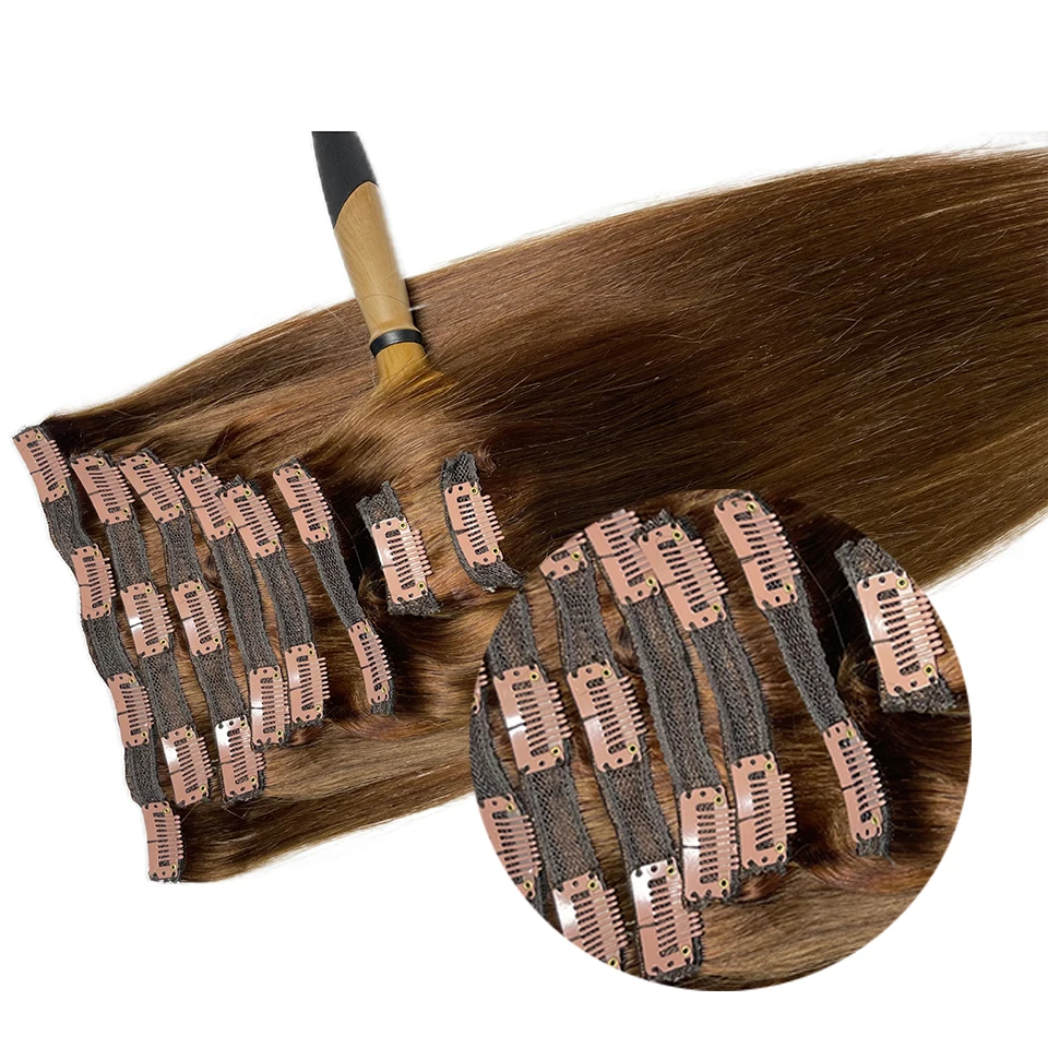 Hair Extensions Brazilian Remy Straight Clip In Human Natural Color #4 Full Head 120G For Black Women