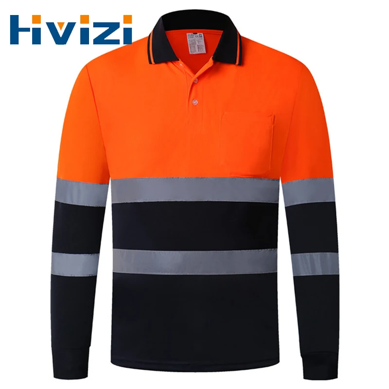 

Высококачественная двухцветная рубашка-поло с длинными рукавами оранжевого и темно-синего цвета с отражающими полосками, рабочая одежда для строительства Hi Vis