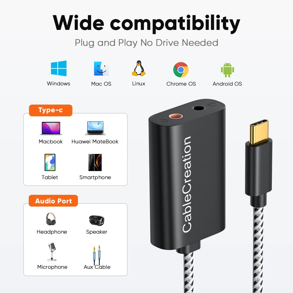 CableCreation – carte son externe USB type-c, 2 en 1, adaptateur de Microphone pour ordinateur portable, Type C à prise Audio 3.5mm, DAC stéréo