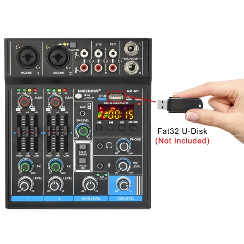 FREEBOSS 4 채널 믹싱 콘솔, 5.0 블루투스 RCA 3.5 입력, 사운드 오디오 믹서, USB PC 녹음 재생, 웨딩 파티 AM-M1, 48V 2