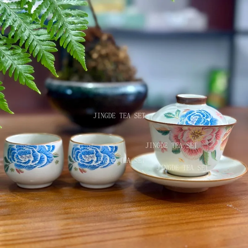Chaozhou Embroidered Peony Teapot Chinese High-end Kung Fu Tea Set Household Lid Bowl Master's Tea Cup Tea Pot Underglaze Color