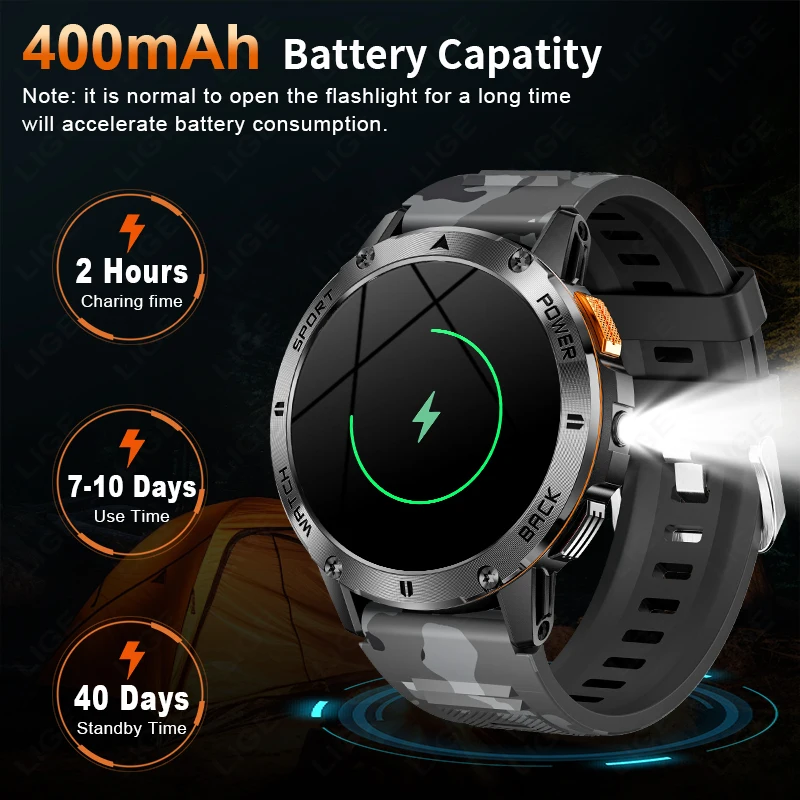 LIGE Military Smart Watch Men Flashlight Compass IP68 Waterproof Outdoor Sport Tracker Bluetooth Call Smartwatch For Android IOS