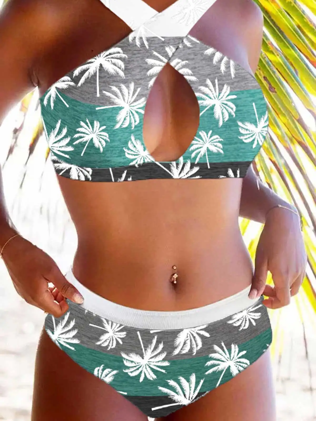 

Coconut Tree Color Block Criss-Cross Hollow Out Bikini Set Push Up Women Swimsuit Sexy Halter Beachwear 2023 Bathing Suit